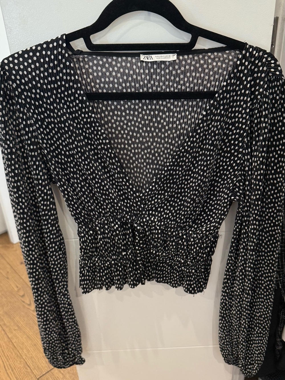 Zara Black Polka Dot V-Neck Long Sleeve Top